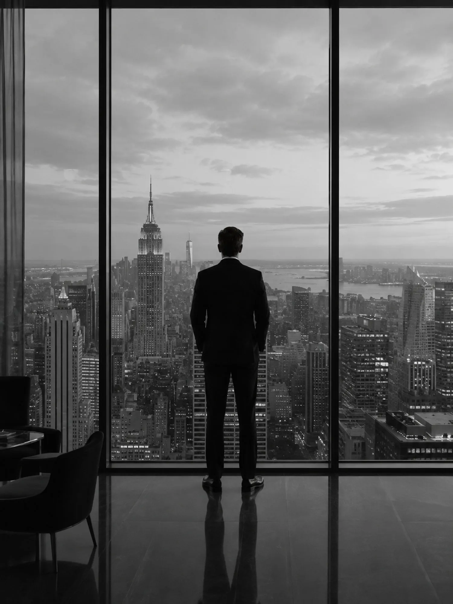 A man in a suit at a floor to ceiling window, looking out over the city